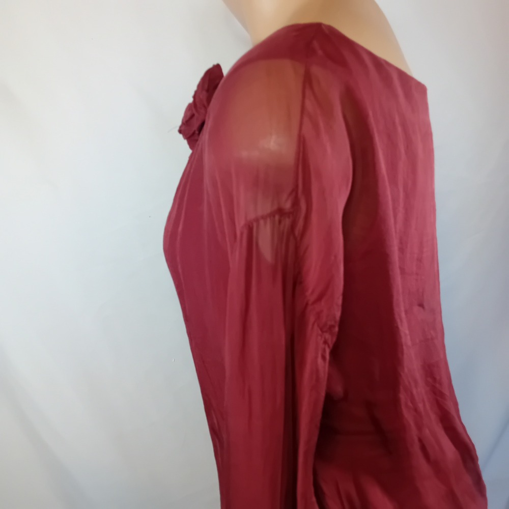 Y2K Femme Silk Blouson Hem Flowy Whimsigoth Burgundy Rose Blouse Sheer Sleeves M - Picture 13 of 16